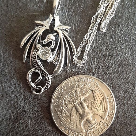 Silver titanium and simulated diamond dragon goth fantasy punk necklace new - Picture 3 of 7